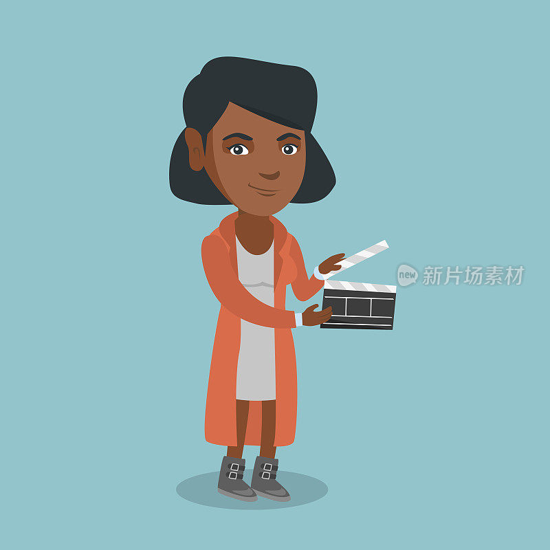 African-american woman holding open clapperboard